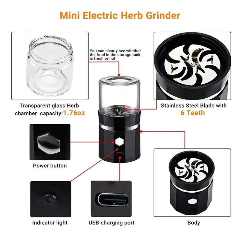 Portable Electric Herb Grinder USB Rechargeable Anti Touch Tobacco Crusher Grinders For Smoking Pipe Grass Smoke Accessories herb grinder smoking accessories tobacco smoking accessories tobacco grinder