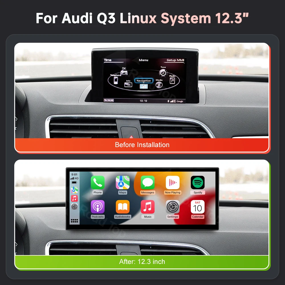 RoadTop pantalla Linux de 12,3 pulgadas pantalla Multimedia inalámbrica CarPlay para coche para Audi A1 Q3 2012-2018 con Android Auto Airplay Autolink 4