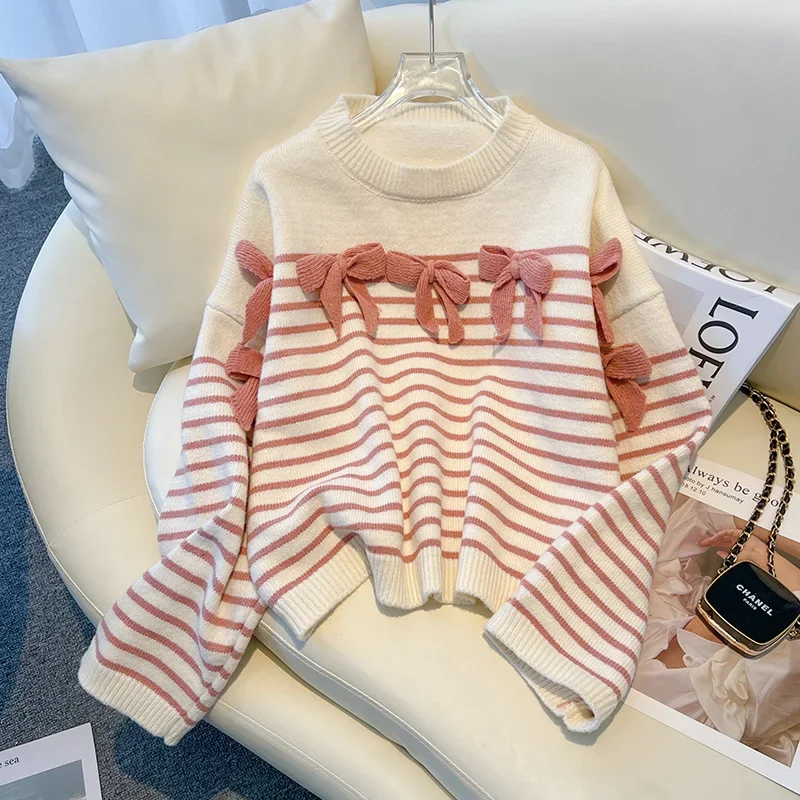 

Casual Loose Women's Sweaters Knitwear FASHION Bow Jumpers Autumn/Winter Clothing Stripes Cashmere Spliced Women Pullovers