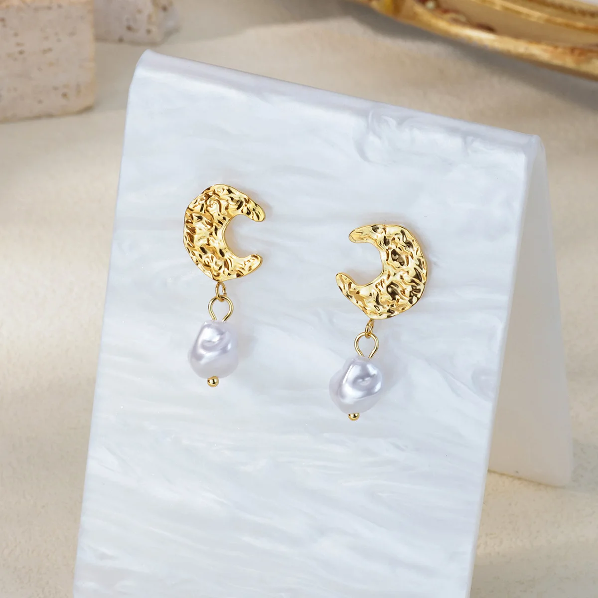 Stainless Steel Moon Pearl Earrings Gold Color Anti Fading for Women