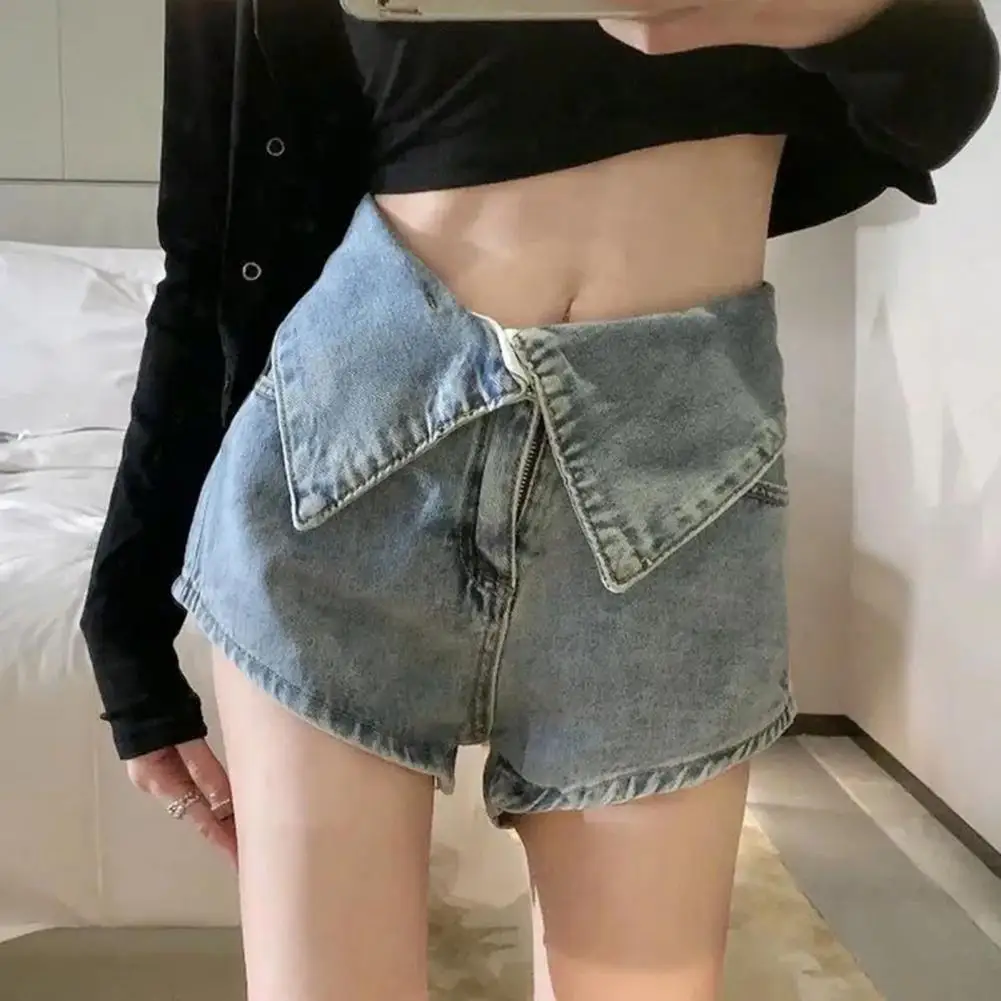 

High Waist Shorts Women's High Waist Streetwear Shorts with Lapel Trim Multiple Pockets Zipper Fly Summer Thin Loose Short Pants