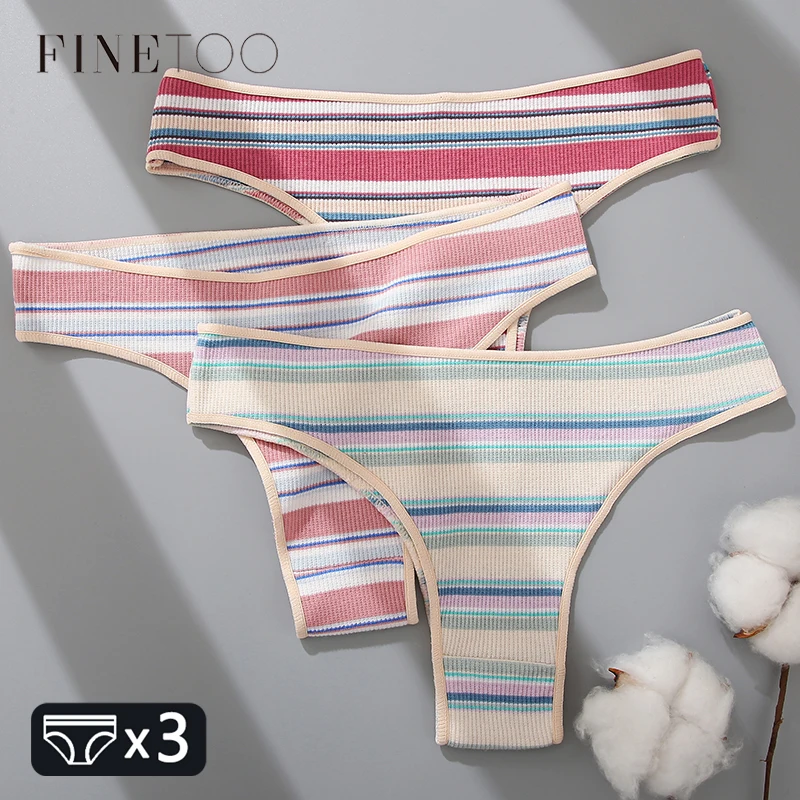 FINETOO 3Pcs/set Women Striped Brazilian Panties S-XL Laies