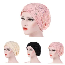 

Thin Lace Muslim Turban Women Sequins Rhinestone Hijab Wrap Head Scarf Summer Breathable Islamic Inner Hijabs Turbantes Female