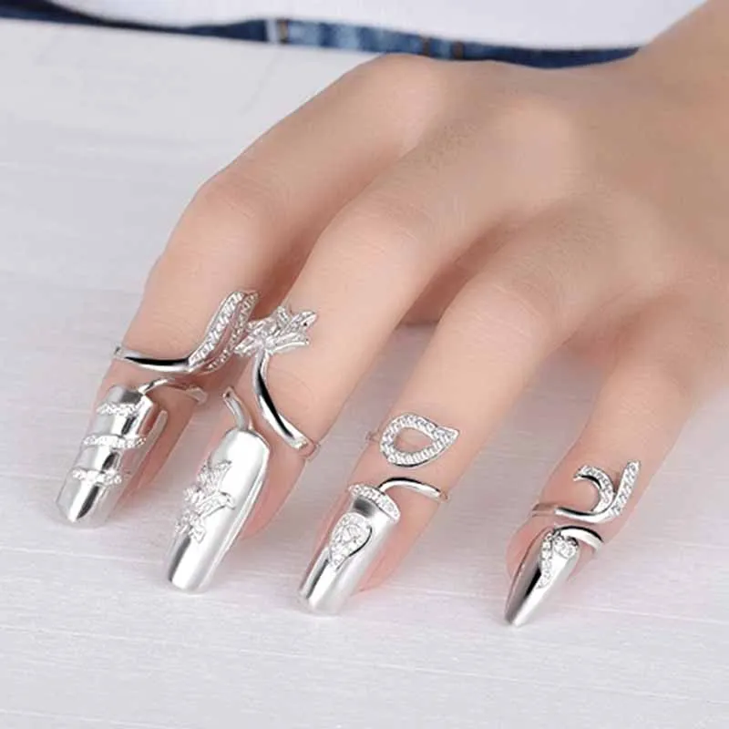 Bagues à ongles en biscuits brillants pour femmes, bague de manucure fleur, bague de doigt punk, housse de protection du bout des doigts, bijoux de fête