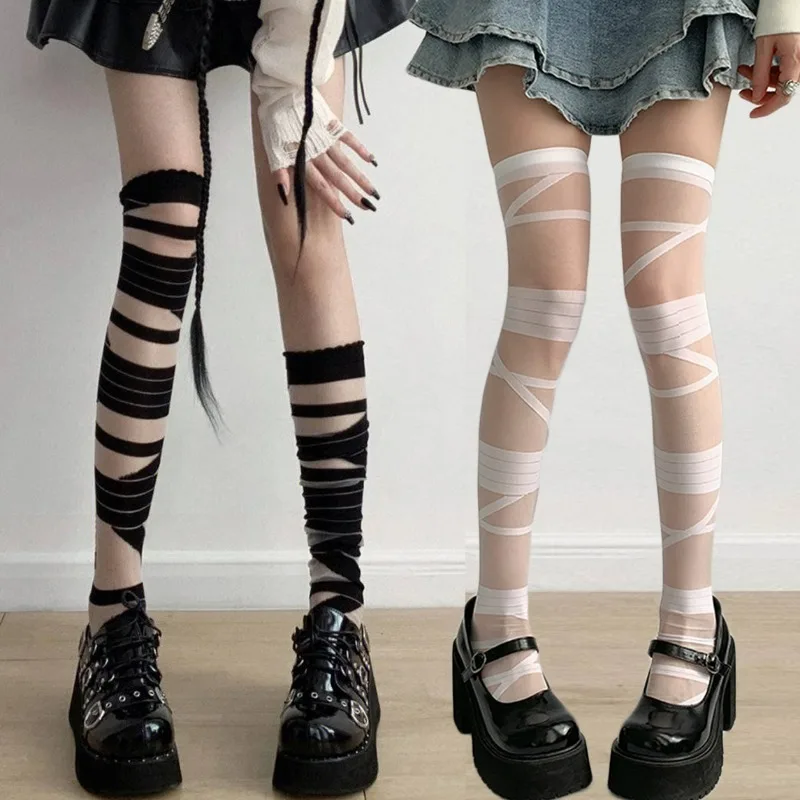 Gothic Black White Bandage Knee High Socks Japanese Style Women Sexy Lace Fishnets Stockongs Sweet Girls JK Lolita Long Socks