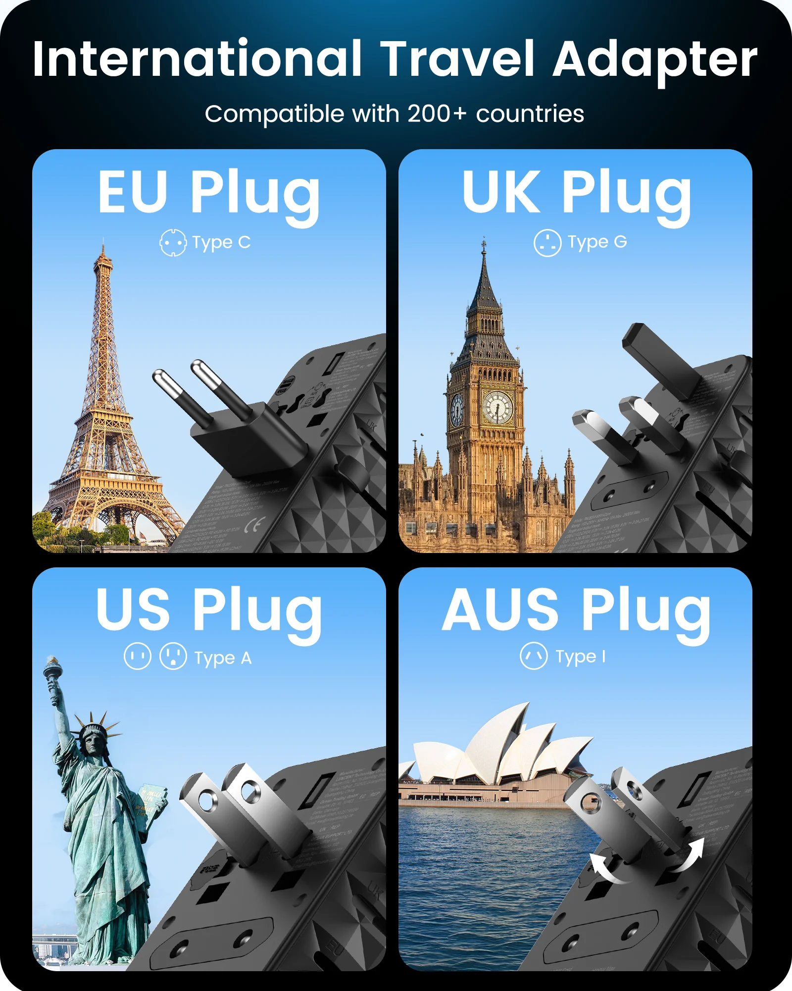85W GaN Universal Travel Adapter 1USB-A +3 Type C +1USB-C +1Retractable USB-C Fast Charging plug adapter power plug adapter plug converter gan power adapter