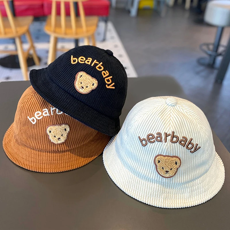 Autumn Corduroy Baby Fisherman Cap Cute Cartoon Bear Kids Basin Caps 6-24M Boys Girls Outdoor Sunshade Visors Toddler Bucket Hat 3