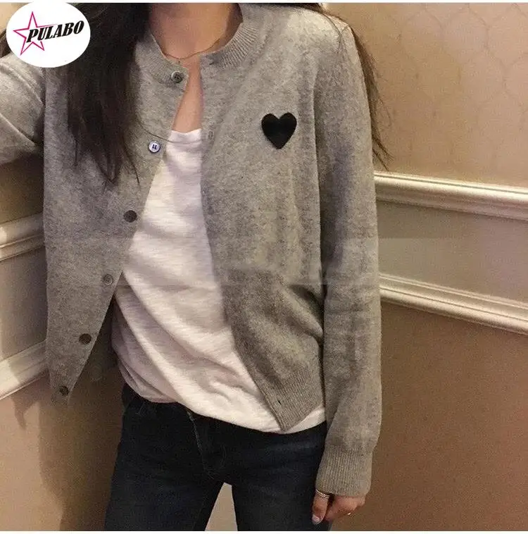 

(Have Eye)PLAY Women and Men Cardigan Heart O-neck Long-sleeved Single-breasted Wool Polyester Autumn Solid Loose Casual Sweater