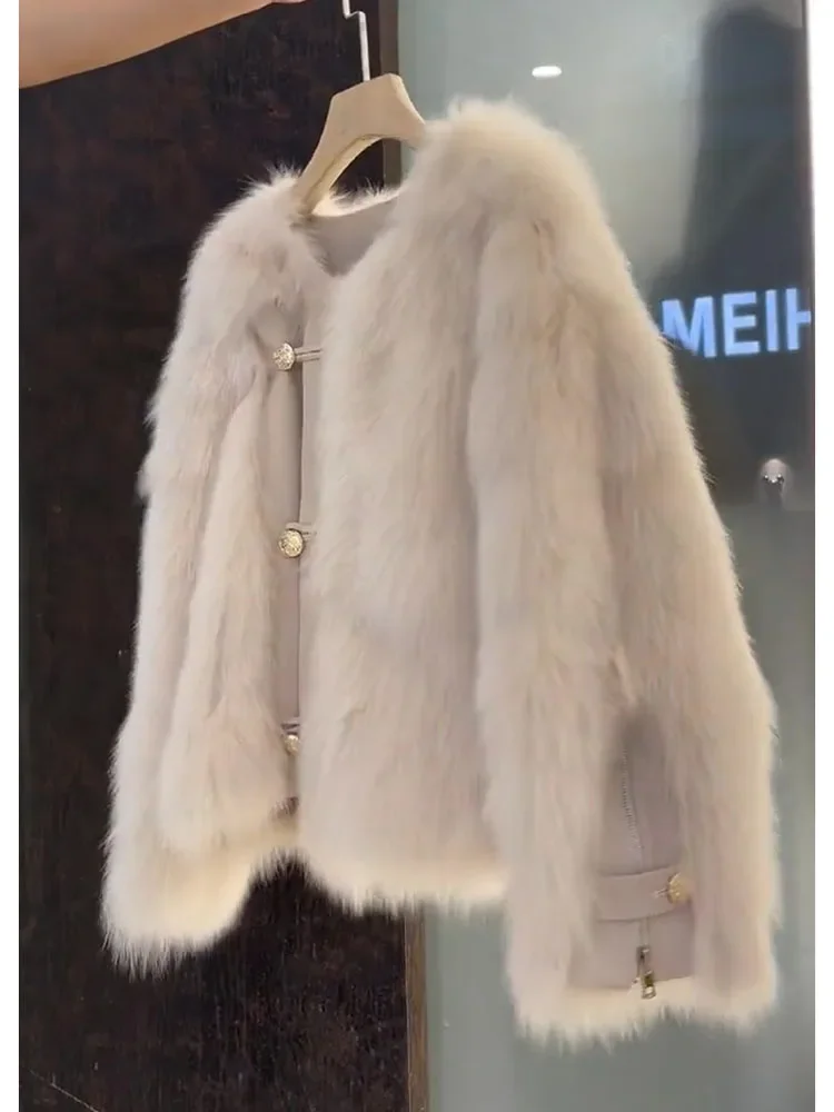 Commuter Round Neck Long Sleeve Single-Breasted Faux Fur Coat Winter High-End Fashionable Women's Slim Fit Faux Fur Jackets