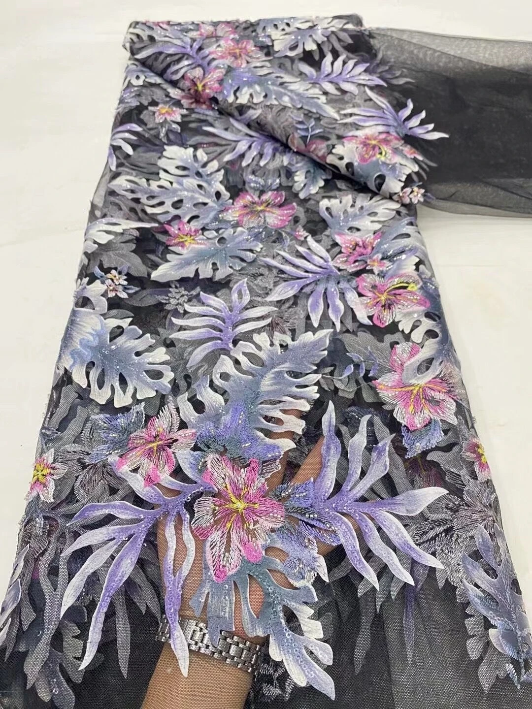 

African Nigerian Tulle Lace Fabric,High Quality，Sequins EmbroideryBeaded, French GuipureWedding Party Dress, 5Yards, 2024