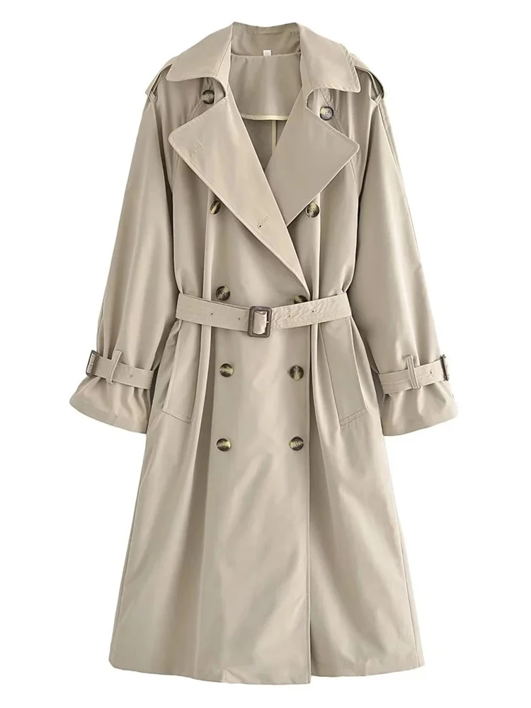 

2023 Womens Autumn Fashion Double Breasted Khaki Straight Long Jackets Girls New Casual Tunr-Down Collar Trench Coat With Belt