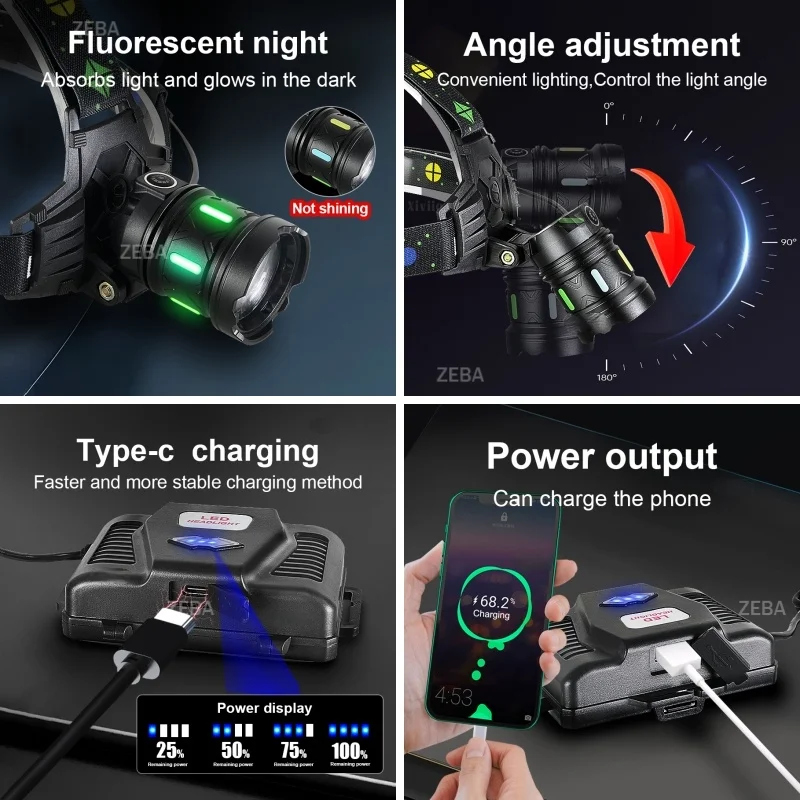 2026 초강력 LED 헤드라이트 790000000LM 흰색 및 노란색 조명 슈퍼 밝은 헤드램프 강력한 조명 5500M 낚시 헤드 토치