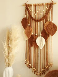 Boho Macrame Wall Hanging with Leaf Pattern and Wood Beads - Eco - Friendly Home Accent - 40x76cm