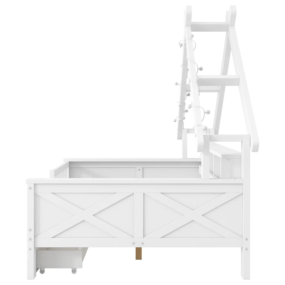 90 x 200 cm/140 x 200 cm großes Plattformbett aus Holz in Hausform, mit LED-Beleuchtung, Ablagefächern, Schubladen und Schutzgitter – Detail 33