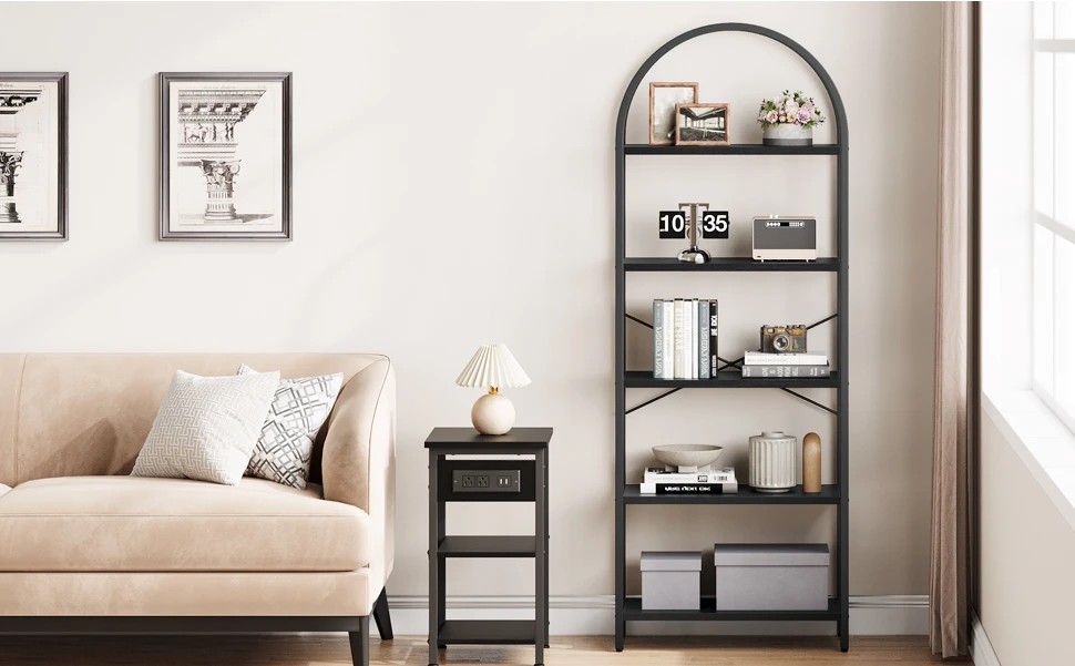 Description Picture 6 of itemUS  Bookshelf 5 Tier Bookcase Arched Display Racks Tall Standing Bookshelves Metal Frame Rustic Storage Rack Shelf Brown Book