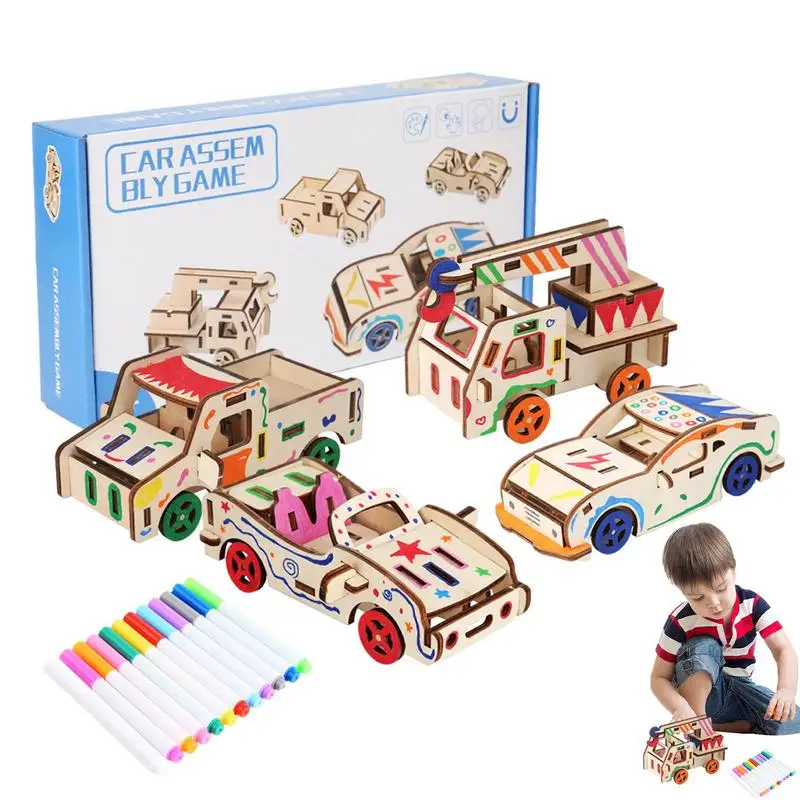 

Interesting DIY Wooden Car Puzzle Car 3d Puzzles Educational Coloring Model Play Car Toys For Children Birthday Halloween Chris