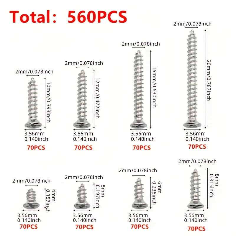 Box of 560 Self-Tapping Wood Screw Set 8 Different Sizes of M2 Flat Metal Screw Classification Kit