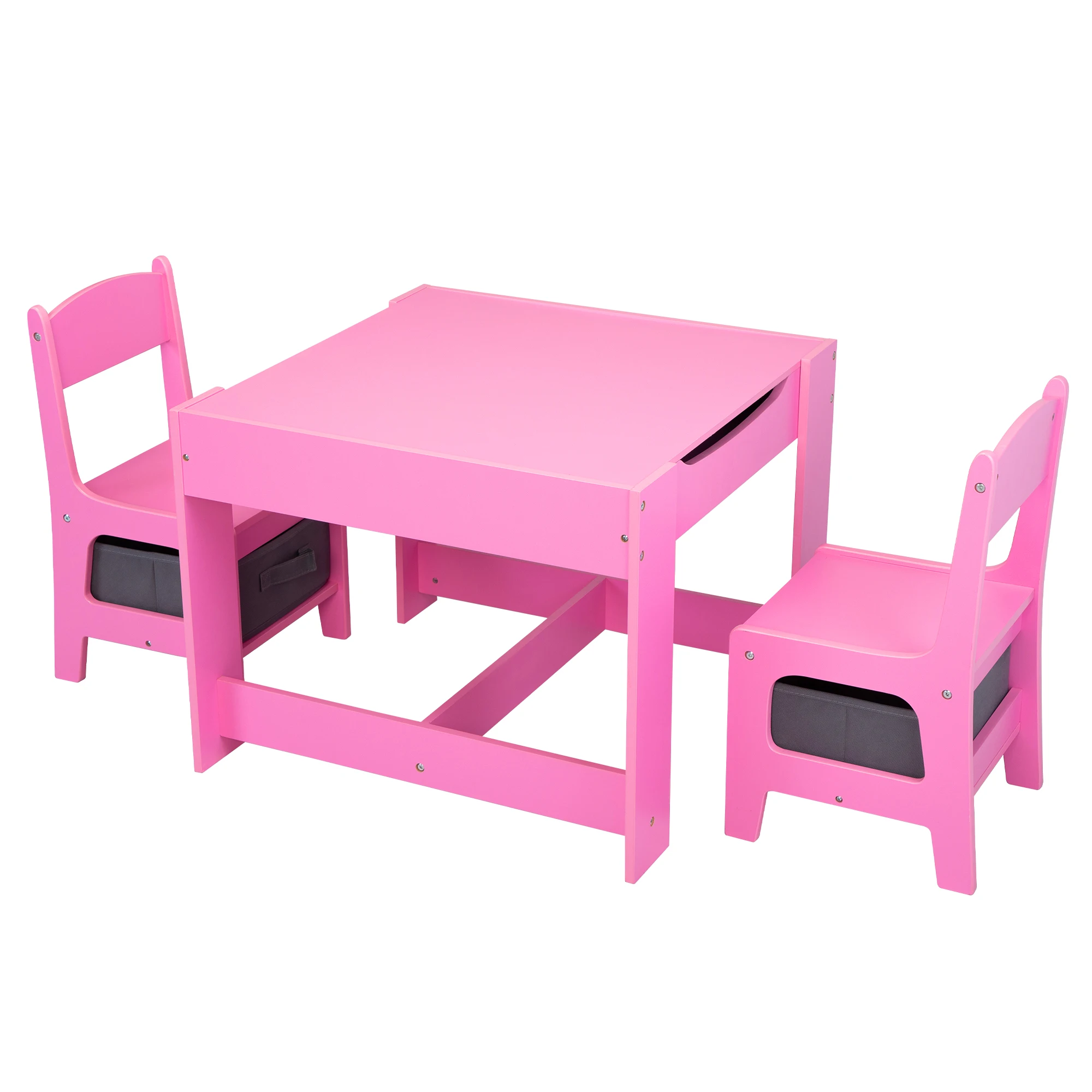 Three in one children's wooden table and two chairs, double-sided drawing table with storage space, blackboard, pink 3