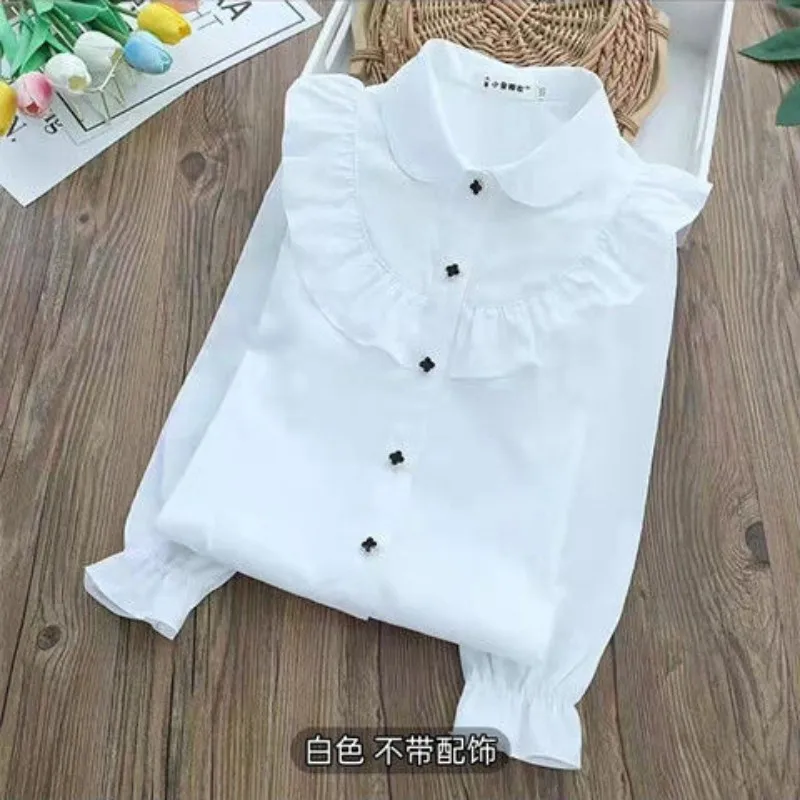 

2023 New Spring Autumn Fashion Girls Fall Cotton White Blue Embroidery Sleeve Kids Baby Girls Blouse Princess Shirt 3 - 12 Year