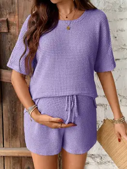Waffle Knit Maternity Two Piece Set Short Sleeve Top And Shorts Solid Color Summer Casual Outfit