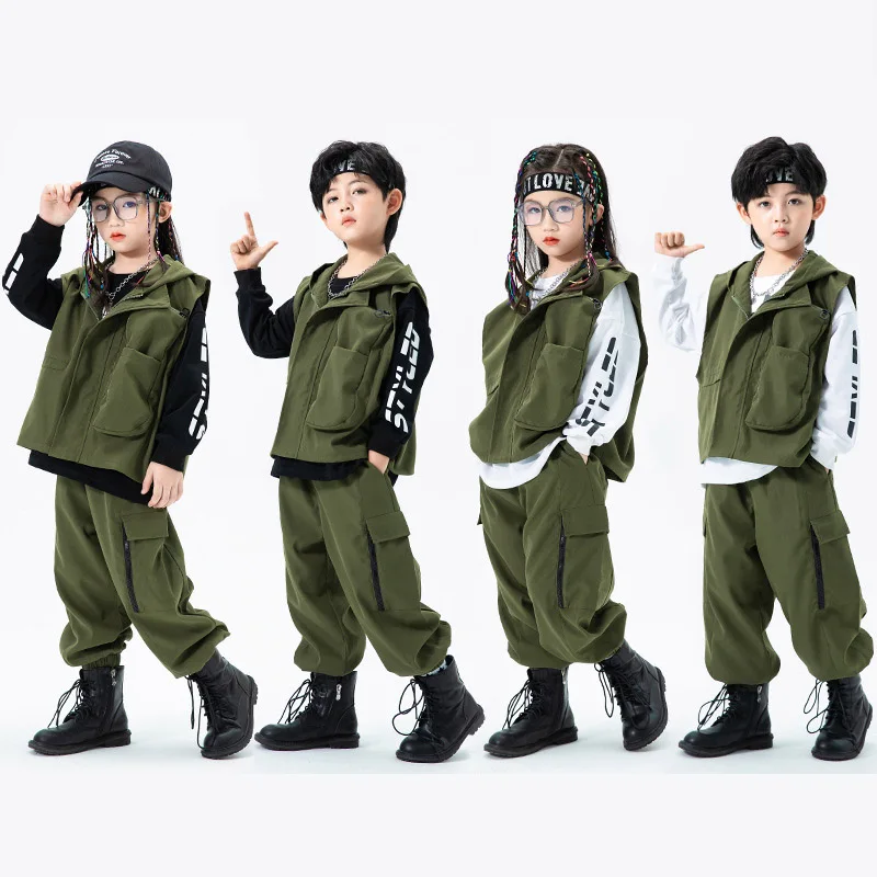 

4-16Y Girls Boys Cotton Street Dance Costumes Army Green Camouflage Clothing Set Vest Hoodies Pants Hip Hop Jazz Dancing outfits