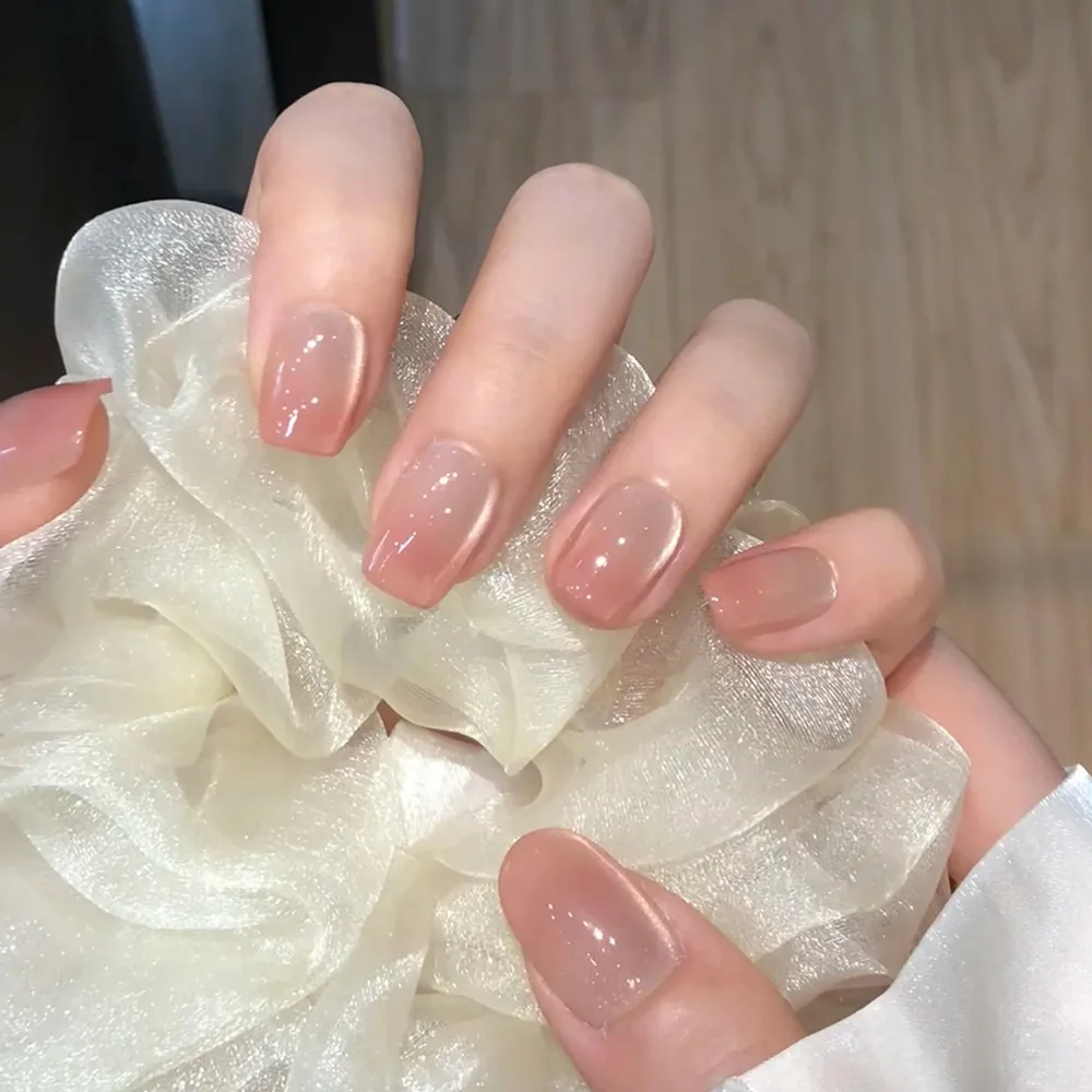24pcs Crystal Cat Eye False Nails with Glue Short Square Press on Nails Shiny Jewel Nail Solid Color