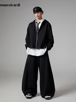 Mauroicardi Autumn Black Flowy Baggy Wide Leg Pants for Mens with Drawstring Elastic Waist Streetwear Loose Casual Soft Trousers 1