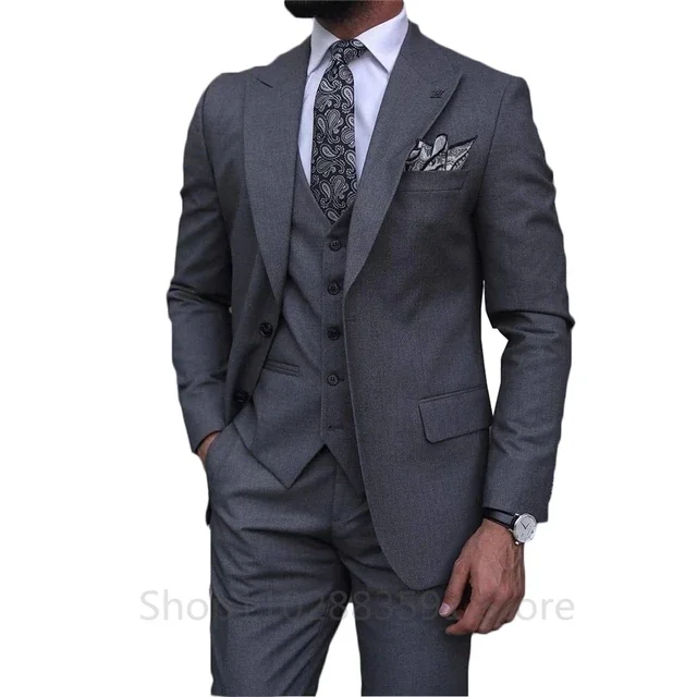 Classic Grey Men Suits 3 Pieces Slim Fit Prom Wedding Groom Business Peak Lapel Costume Masculino Blazer Homme Tuxedos Terno