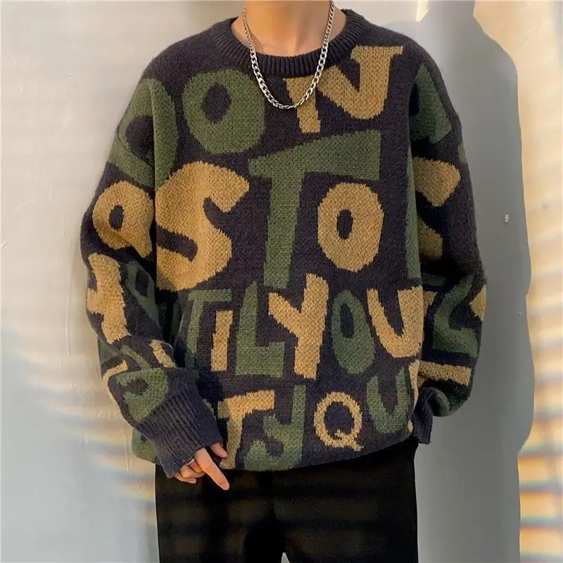 

Knit Sweater Male Pullovers Jacket Blue Fleeced Men's Clothing Round Collar Coat Crewneck Street Cotton Pull Oversize Cheap Neck