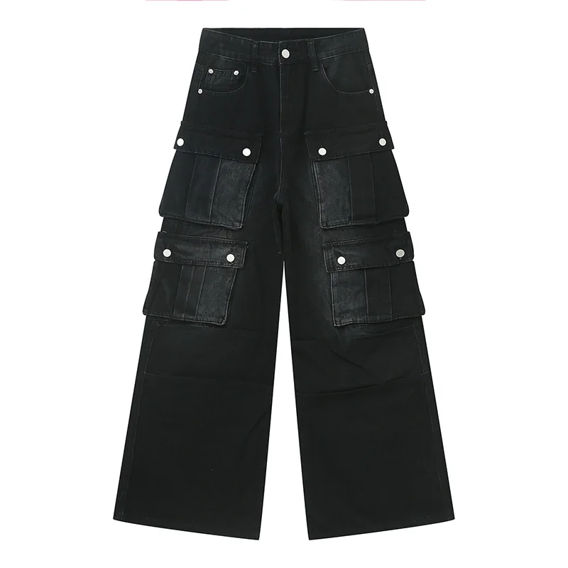 

Hip Hop Vintage Multi Pockets Jeans Pants Black Harakuju Streetwear Denim Trousers For Male