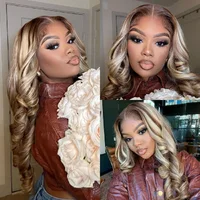 Perruque Lace Front Wig naturelle à reflets blonds, cheveux humains, couleur marron, pre-plucked, Body Wave, 13x4, 4/613 2