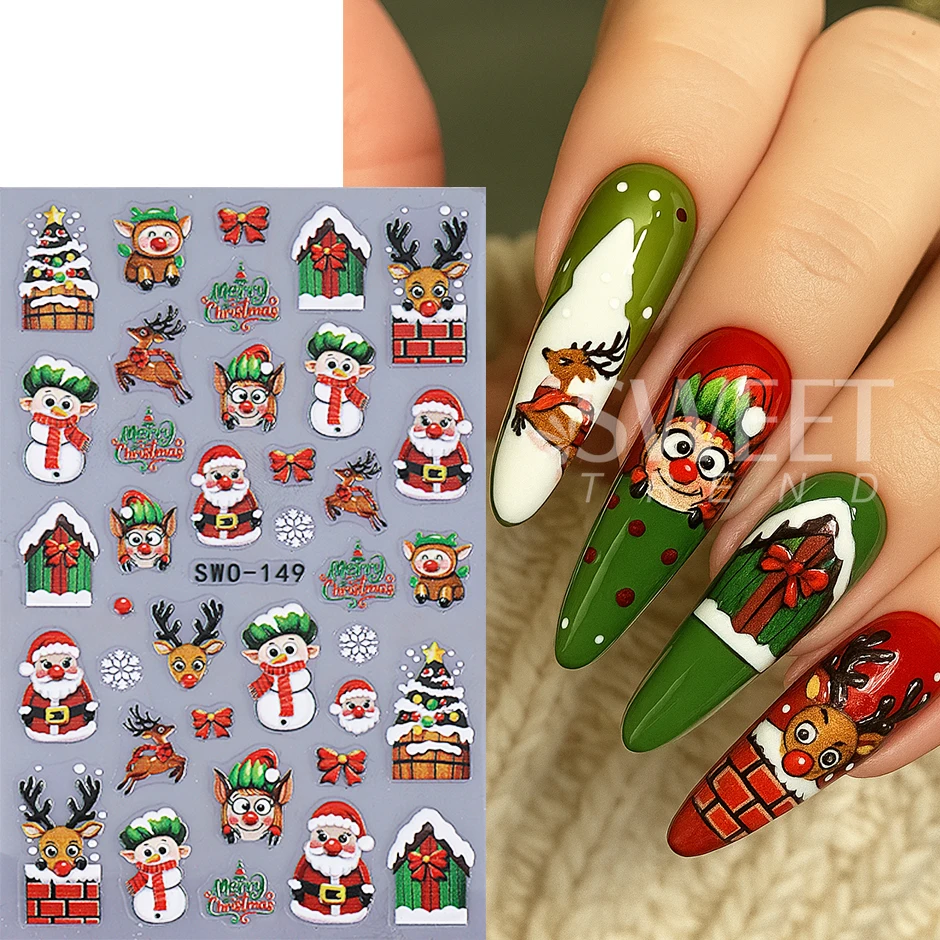 2pcs Embossed Christmas Nail Stickers 3D Cute Snowman Elk Elf Bow Nail Decals Winter Santa Claus Manicure Decoration Supplies