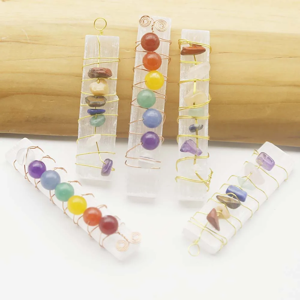 Natural Raw Stone Gypsum Winding 7Color Stone Pendant DIY Gypsum Long Strip Mineral Crystal Pendant Wholesale 6Pcs Free Shipping