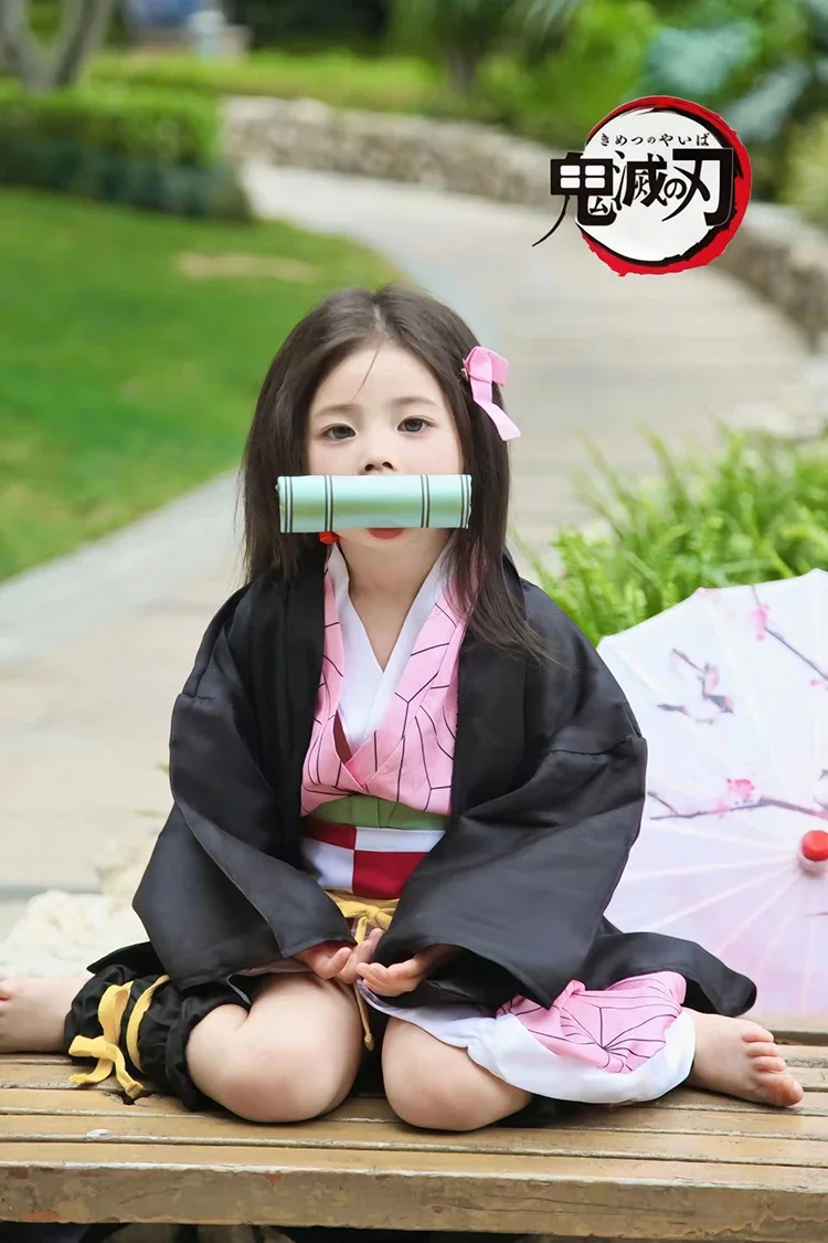 Demon Slayer Nezuko Kamado Cosplay Costume Kimono with Bamboo Muzzle