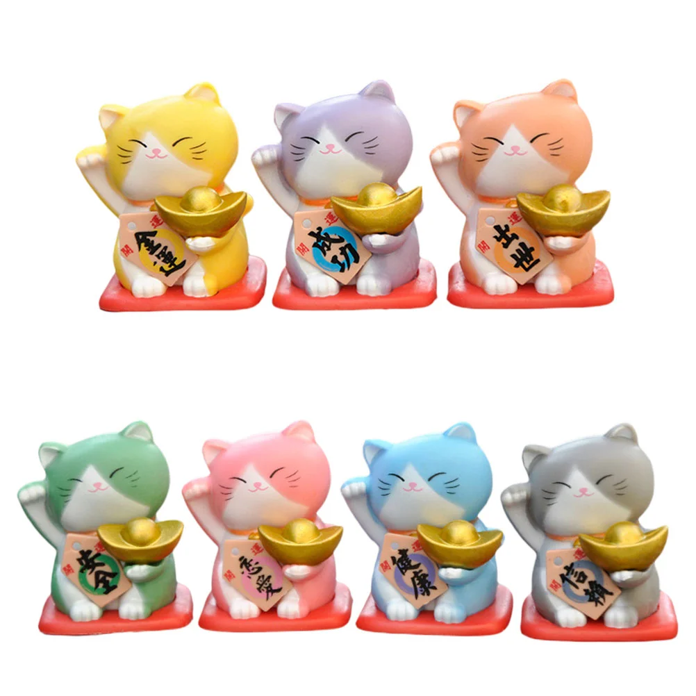 

7 Pcs Miniature Lucky Cat Resin Craft Figurines Flower Pots Kitten Outdoor Decor Statue