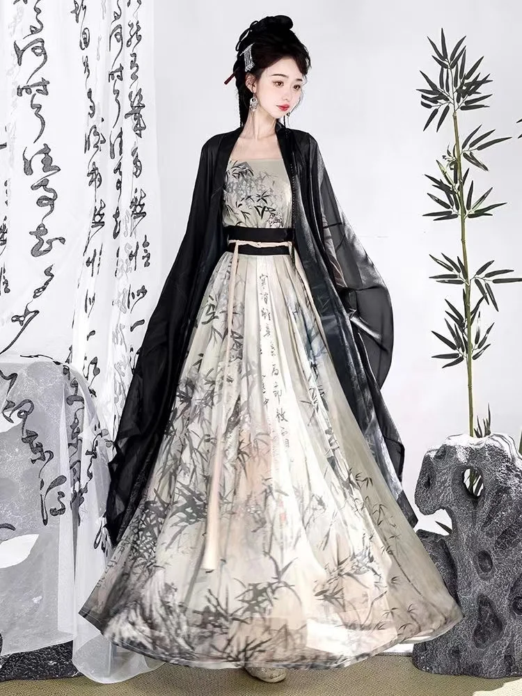 Women Song Dynasty Hanfu Ancient Chinese Black Large Sleeve Skirt Classic Han Elements Hanfu Dress Set Girls Cosplay Gift Summer