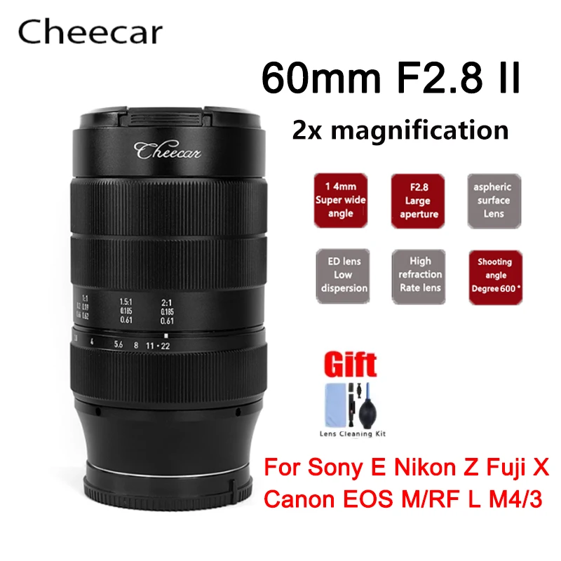 Cheecar 60Mm F2.8 Ii 2:1 Ingrandimento Obiettivo Macro Full Frame Per Fotocamere Nikon Z/Fuji X/Fsony E/Canon Rf/Ef-M/M43 / L/Mount