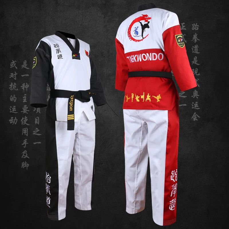 

Wholesale High Quality Red Black Blue WTF Approved Taekwondo Uniform Training Tae Kwon Do Suits Embroidery Poomsae Dobok Sets