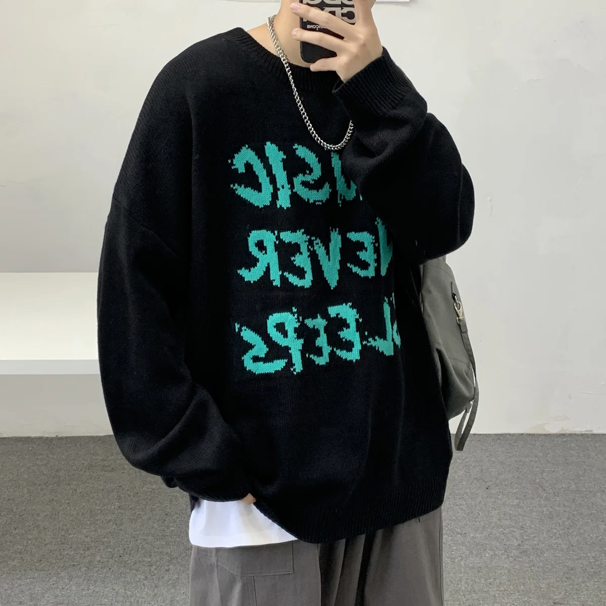 

Men's Pullover Sweater Loose Spring Fall Casual Letter Printed Knitwear Long Sleeve Crew Neck Top Korean Fashion Male Clothing