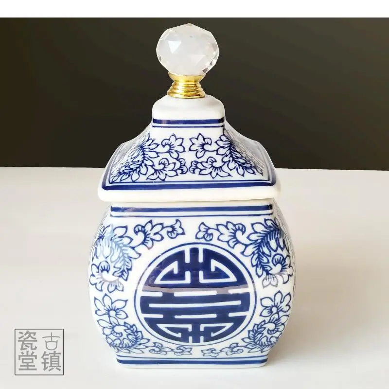 

Classical Ceramic Tea Caddy Storage Jar Crystal Decorative Vase Blue and White Porcelain Ornaments Vases Floral Arrangement
