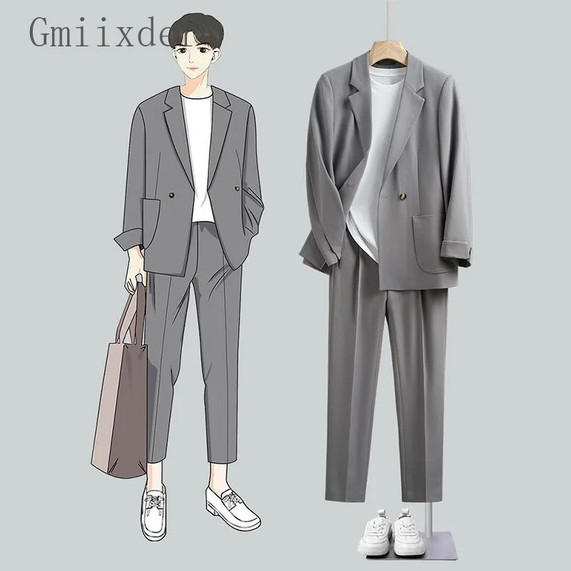 

Gmiixder Casual Blazer Suit for Men Loose Handsome Young Mature Streetwear Two Buttons Coat Trousers Suits/single Piece