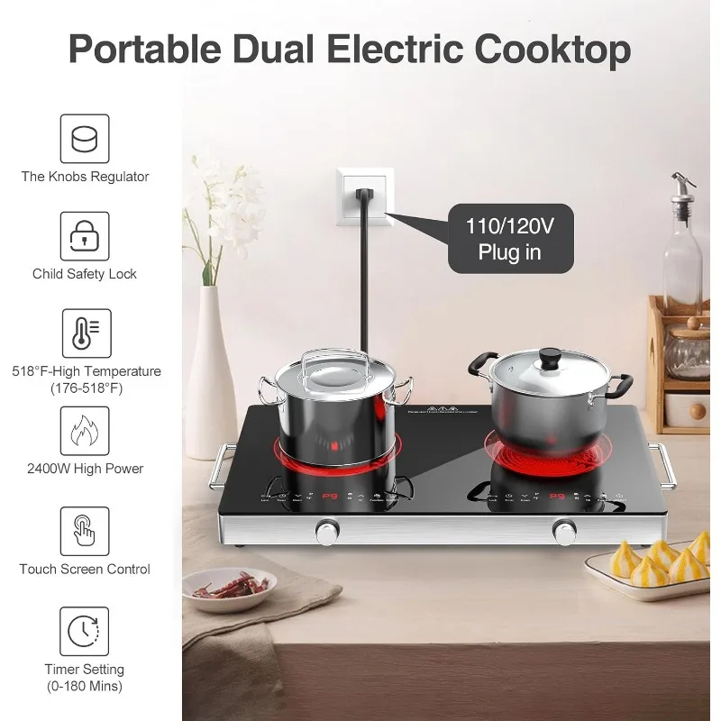 Electric Cooktop Electric Stove Top with Knob Control,9 Power Levels, Kids Lock & Timer,LED touch control 4