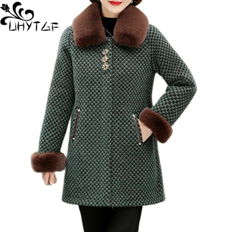 

UHYTGF Mother Autumn Winter Woolen Coat Women's Quality Mink Fleece Warm Jacket Female Fur Collar Casual 5XL Size Outerwear 2292