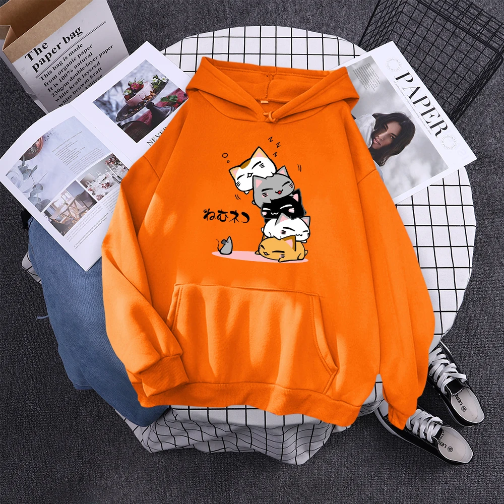 Cute Stacked Cats Sleeping Don'T See The Mouse Women Hoodies Fashion Loose Pullover Casual Fleece Hoody Trend Soft Female Sweat