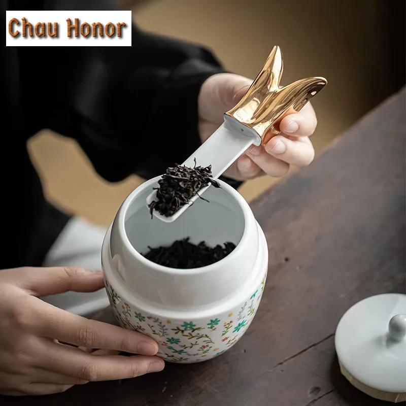 Creative French Flower Ceramic Tea Caddy with Tea Scoop Golden Rabbit Leaf Canister Tea Box Organizer Jar Ornaments Decoration