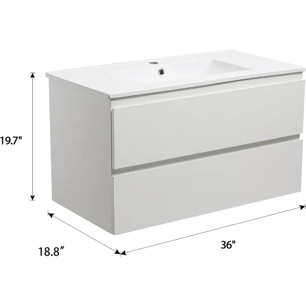 Bathroom Vanity Wall Mounted Floating Vanity Two Drawers Storage Cabinet with White Ceramic Integrated Sink 6