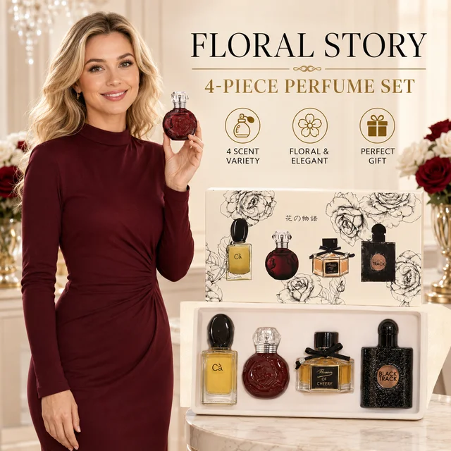4Pcs/Set Women Mini Perfume Gift Box Flowers Story Black Track Floral Sweet Long Lasting Eau De Parfum Sample Set for Ladies