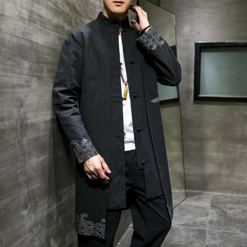 2025 Spring Men Linen Embroidery Coat Kimono Vintage Long Trench Jacket Male Chinese Style Loose National Streetwear Hanfu Robe