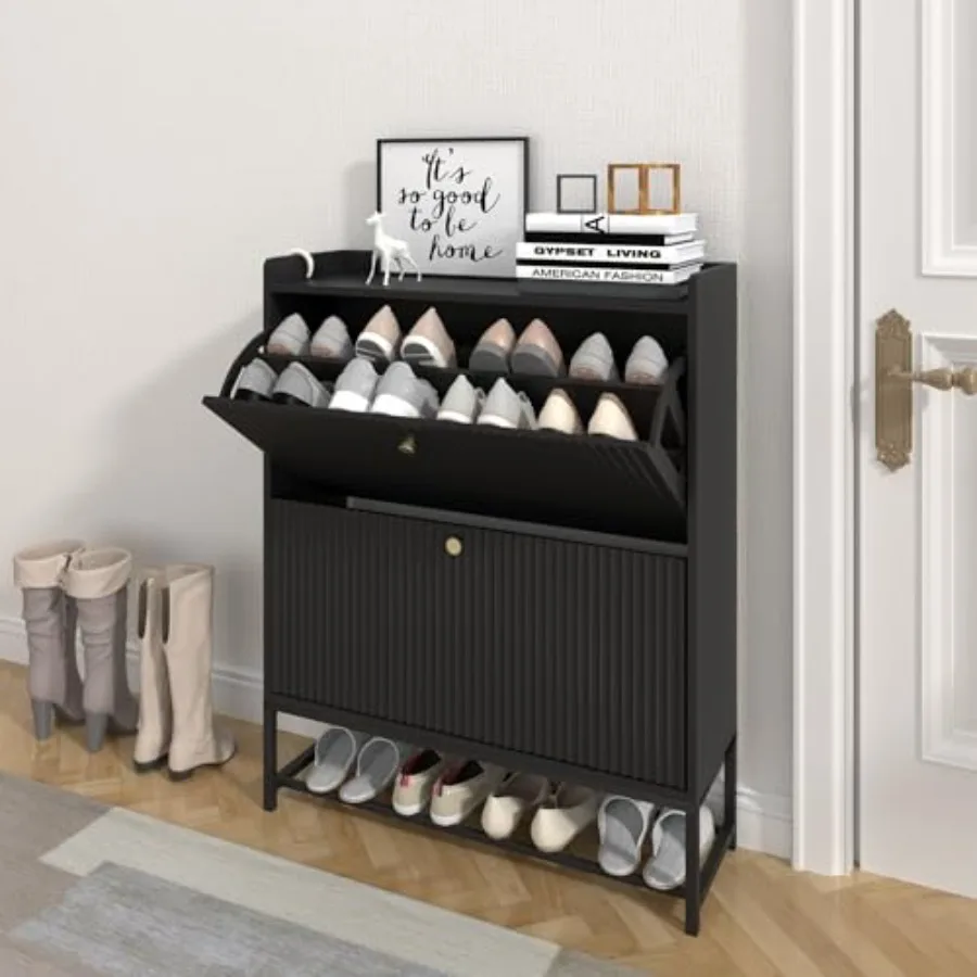 Fluted Shoe Cabinet with 2 Flip Drawers Modern Slim Shoe Storage Organizer Narrow Entryway Shoe Rack Wooden Shoe Cabinet with M