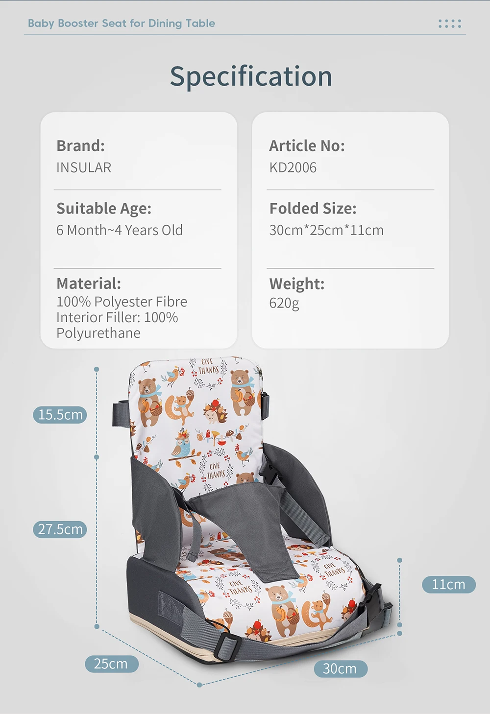 INSULAR Kids Safety Seat Booster Cushion Baby Dining Chair High Pads Children's Travel Seating Washer Foldable Portable